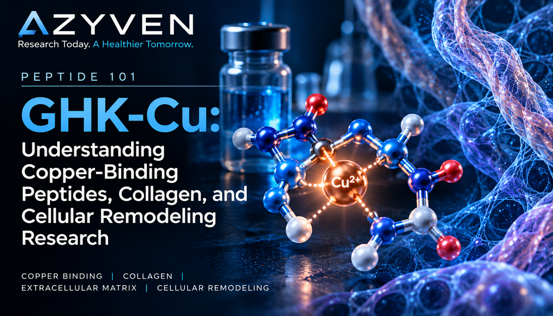 Azyven Peptide 101: GHK-Cu — Understanding Copper-Binding Peptides, Collagen, and Cellular Remodeling Research.