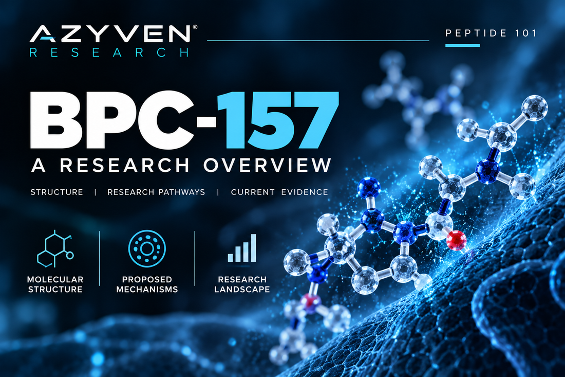 Abstract molecular illustration introducing BPC-157 as a synthetic pentadecapeptide in the Azyven Research Peptide 101 series.