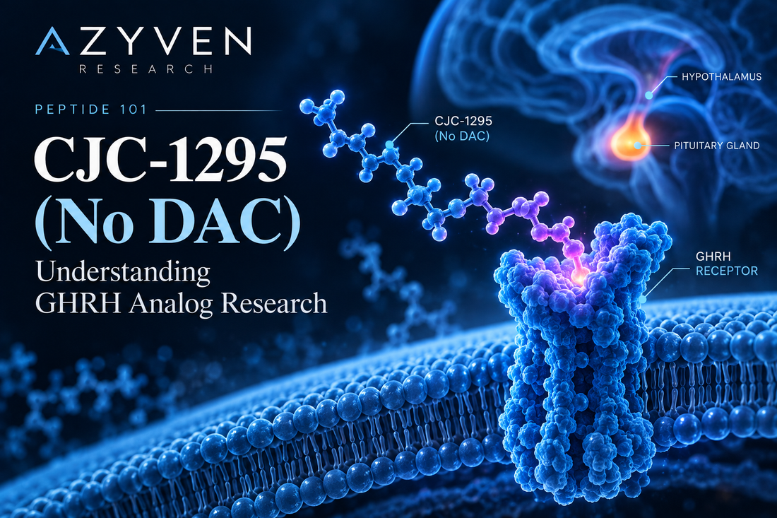 illustration of CJC-1295 (No DAC) and growth hormone-releasing hormone receptor signaling.