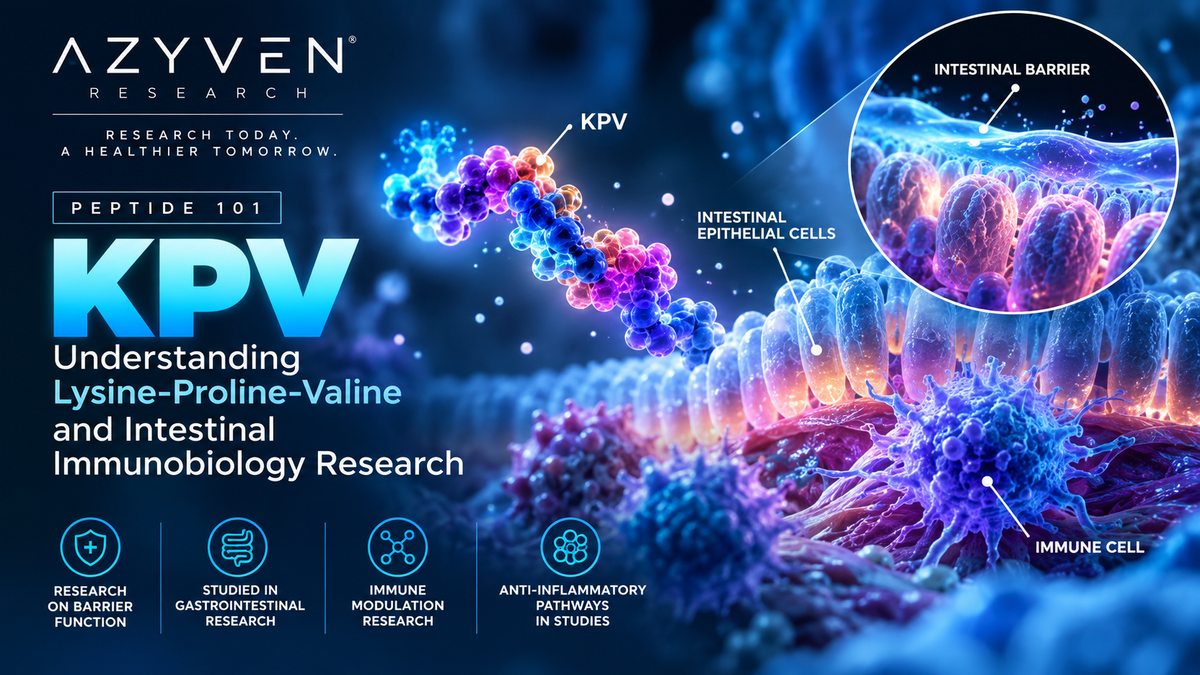 Scientific illustration representing KPV, the Lys-Pro-Val tripeptide derived from alpha-MSH, and peptide transport research.
