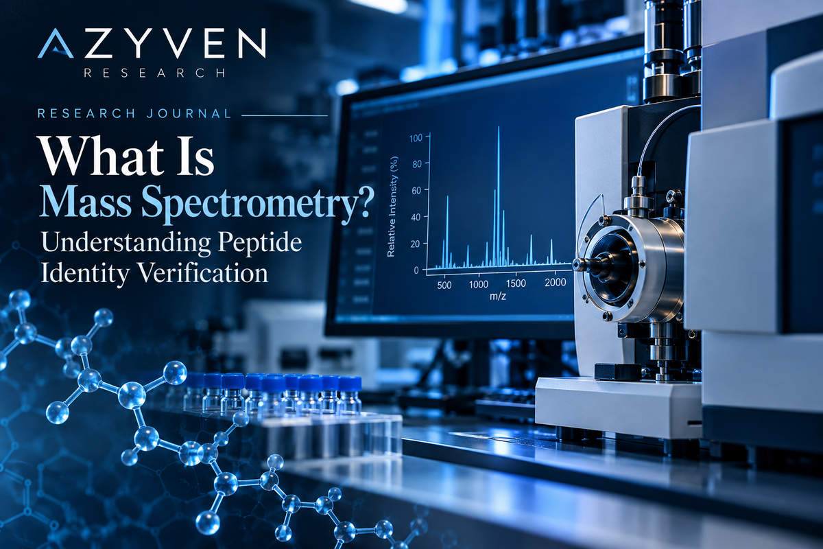 Mass spectrometry laboratory instrumentation illustrating peptide molecular identity verification.