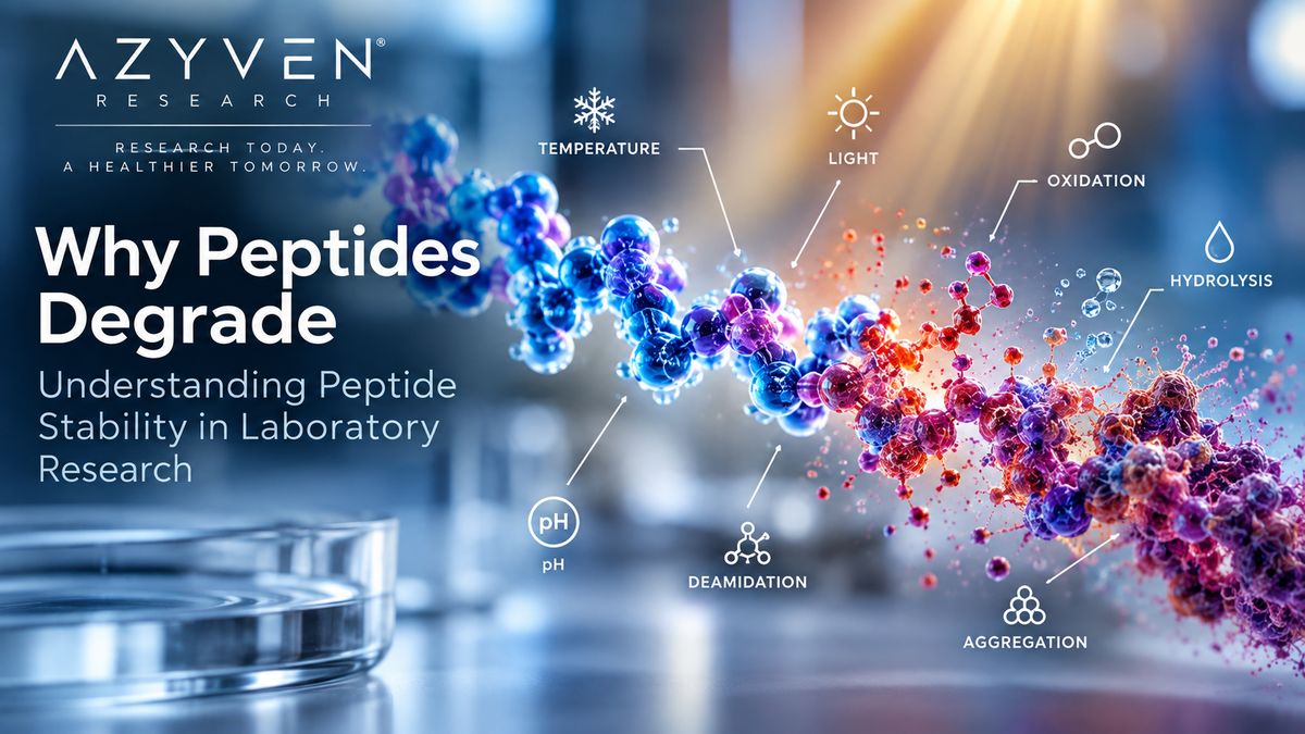 Scientific illustration representing peptide stability and molecular degradation in laboratory research.