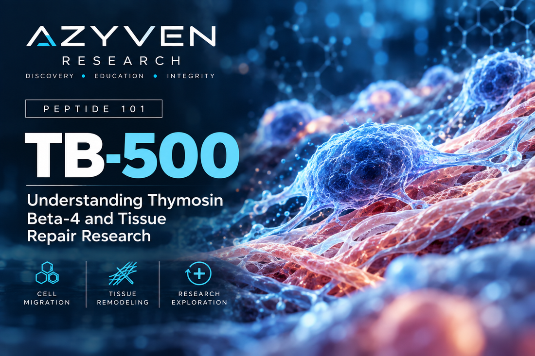 Azyven Research Peptide 101 educational graphic illustrating TB-500 and thymosin beta-4 molecular research