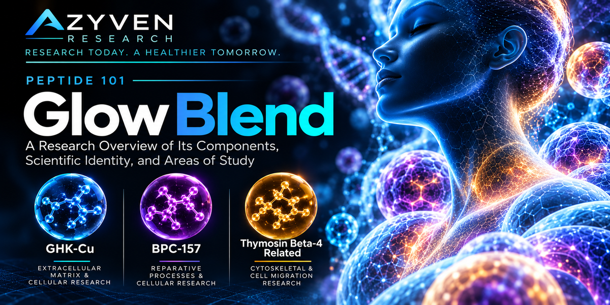 Peptide 101 Glow Blend research overview featuring GHK-Cu, BPC-157 and a Thymosin Beta-4-related component