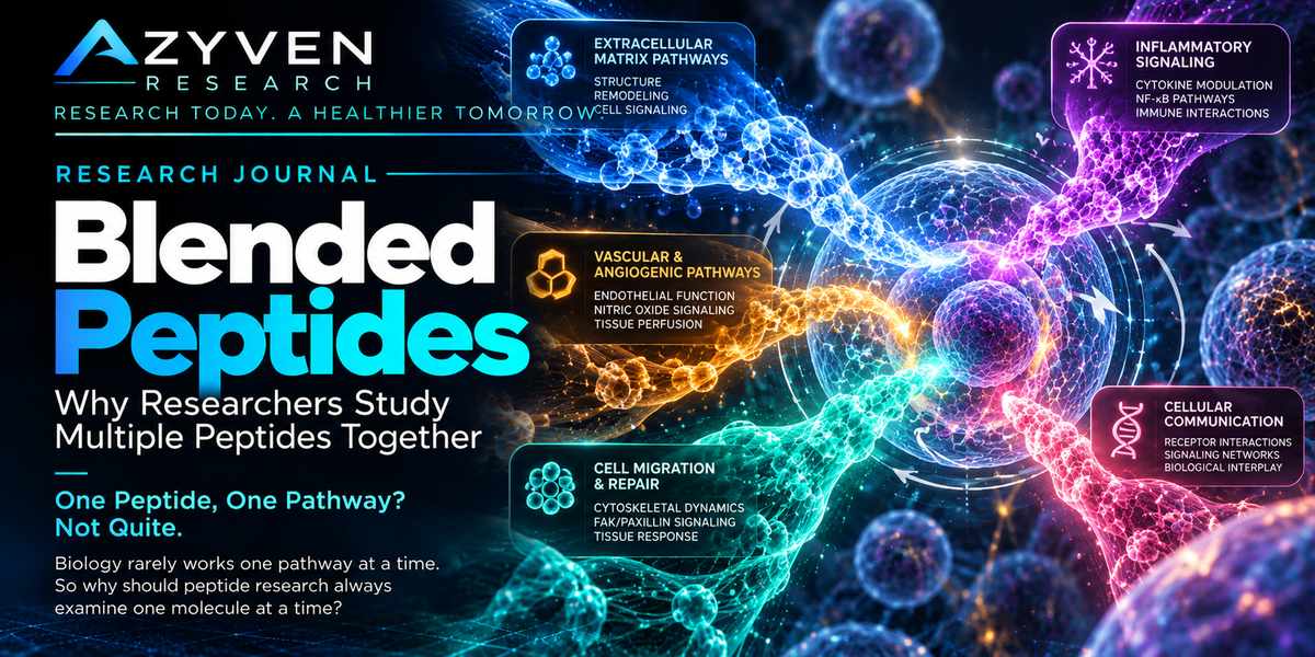 Blended Peptides research journal illustration showing multiple molecular streams interacting with different cellular pathways