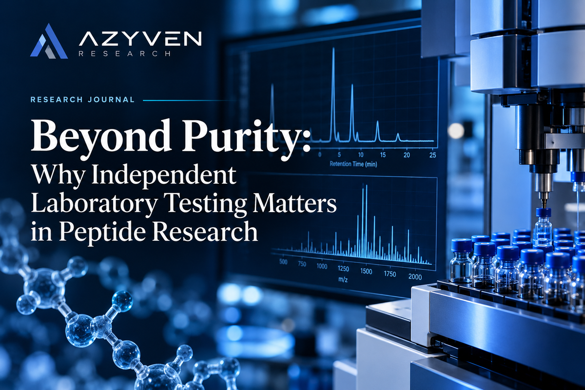 Analytical laboratory instrumentation illustrating independent peptide testing and research material characterization